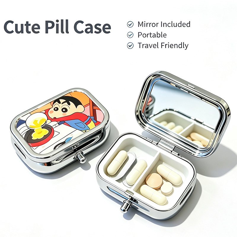 Manga Storage Box - กล่องเก็บของพกพาลายการ์ตูนเครยอนชินจังพร้อมกระจก, กล่องจัดเก็บยาเม็ดและเครื่องประดับขนาดเล็กสไตล์คาวาอี้, ของขวัญสร้างสรรค์สำหรับแฟนคลับ