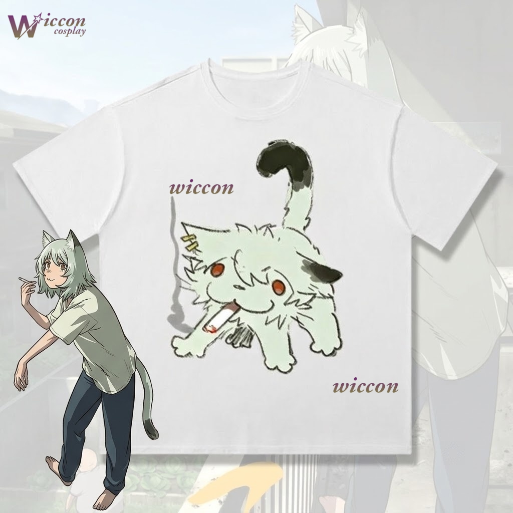 Anime Merchandise T-Shirts - YesOk Chainsmoker Cat Yaniko Satou เสื้อยืดแขนสั้นพิมพ์ลายอนิเมะน่ารักผ้าฝ้ายคอสเพลย์อะนิเมะวัยรุ่นอะนิเมะสินค้าแคซัว