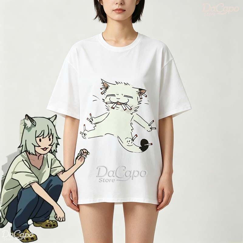 Anime Merchandise T-Shirts - เสื้อยืดแขนสั้นลายการ์ตูนน่ารัก Chainsmoker Cat Yaniko Satou ผ้าฝ้าย