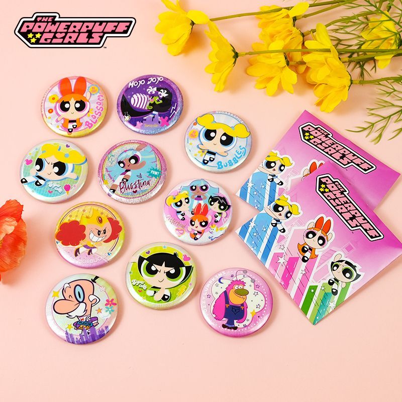 Official Merchandise Anime - กล่องเต็มของสินค้า Powerpuff Girls อย่างเป็นทางการ กล่องสุ่มเข็มกลัดดีบุก กลิตเตอร์สองด้าน